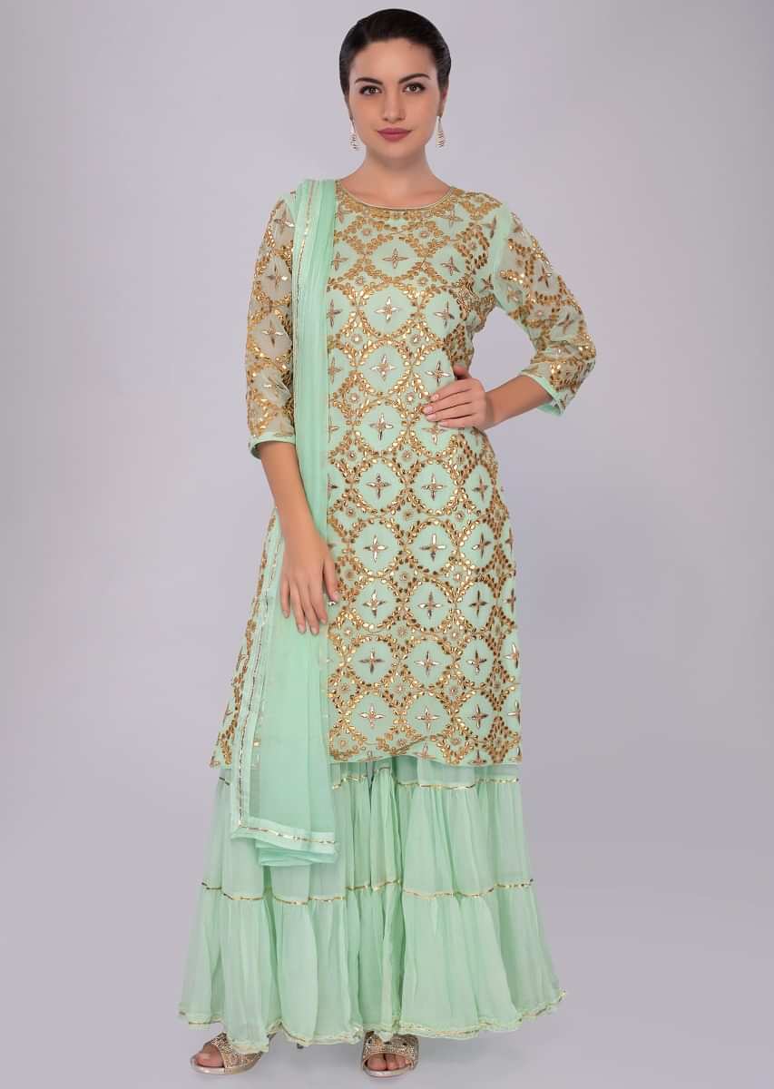 Green georgette sharara suit set in floral and geometric motif