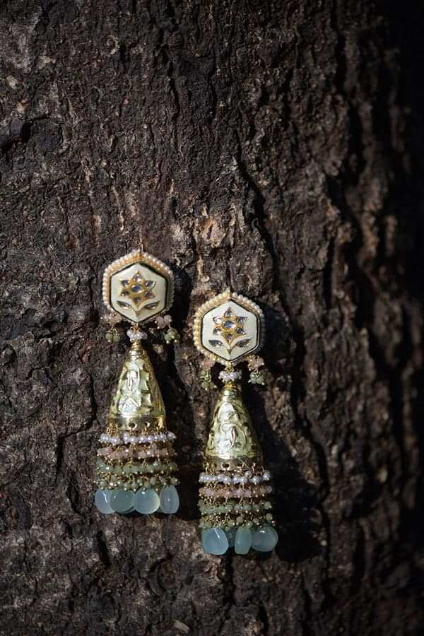 Green Jhumkas With Carved Floral Pattern And Dangling Colorful Bead Fringes 