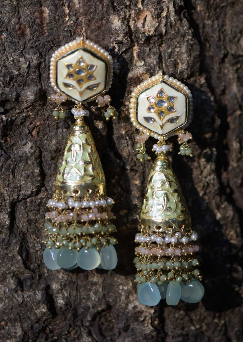 Green Jhumkas With Carved Floral Pattern And Dangling Colorful Bead Fringes 