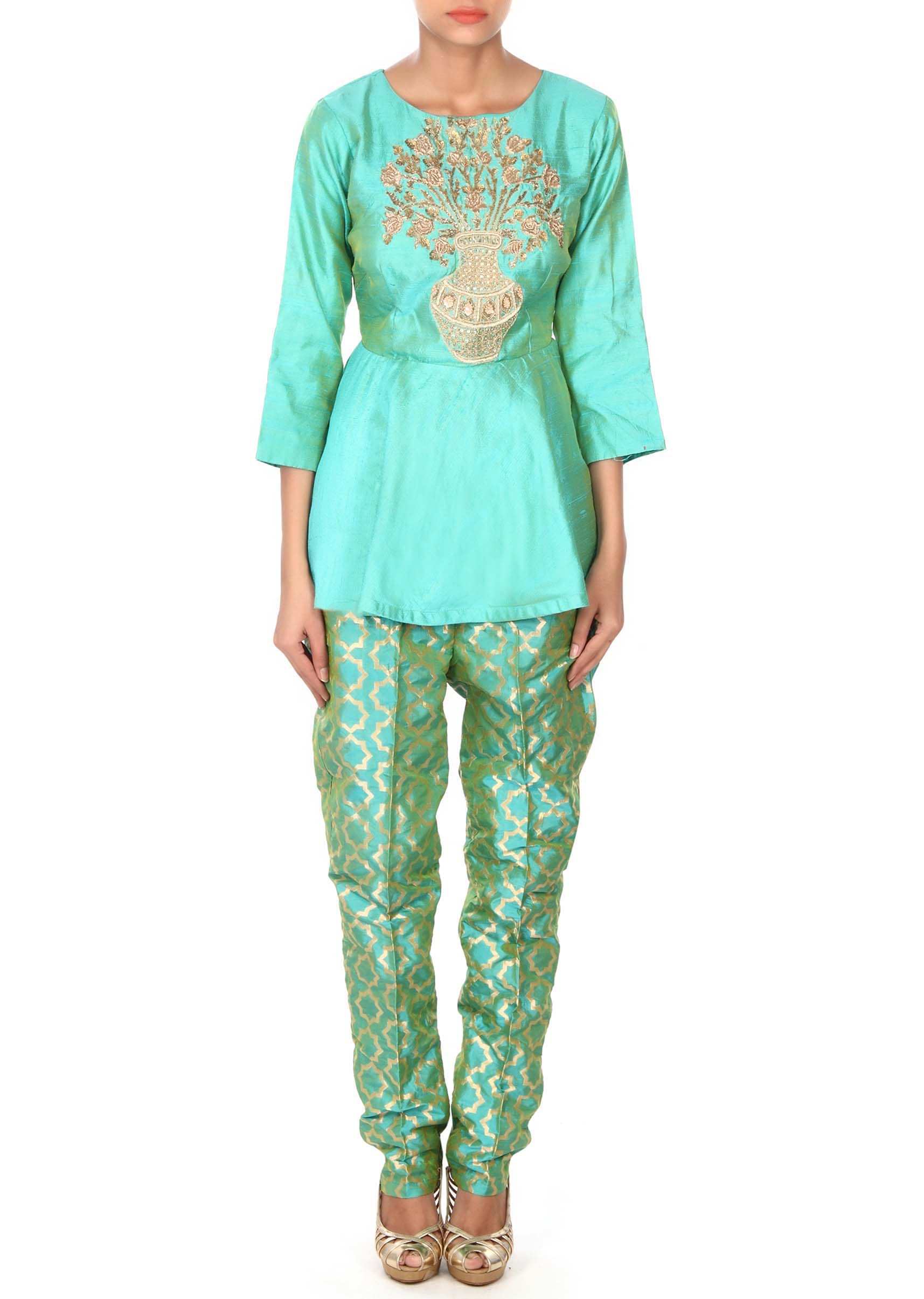 Green pant matched with zardosi embroidered blouse only on Kalki