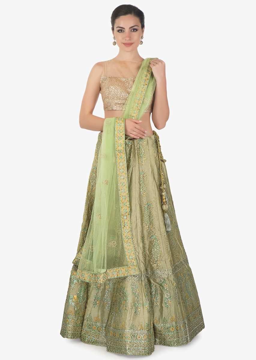 Green lehenga ,blouse and net dupatta set featuring in digital print only on kalki