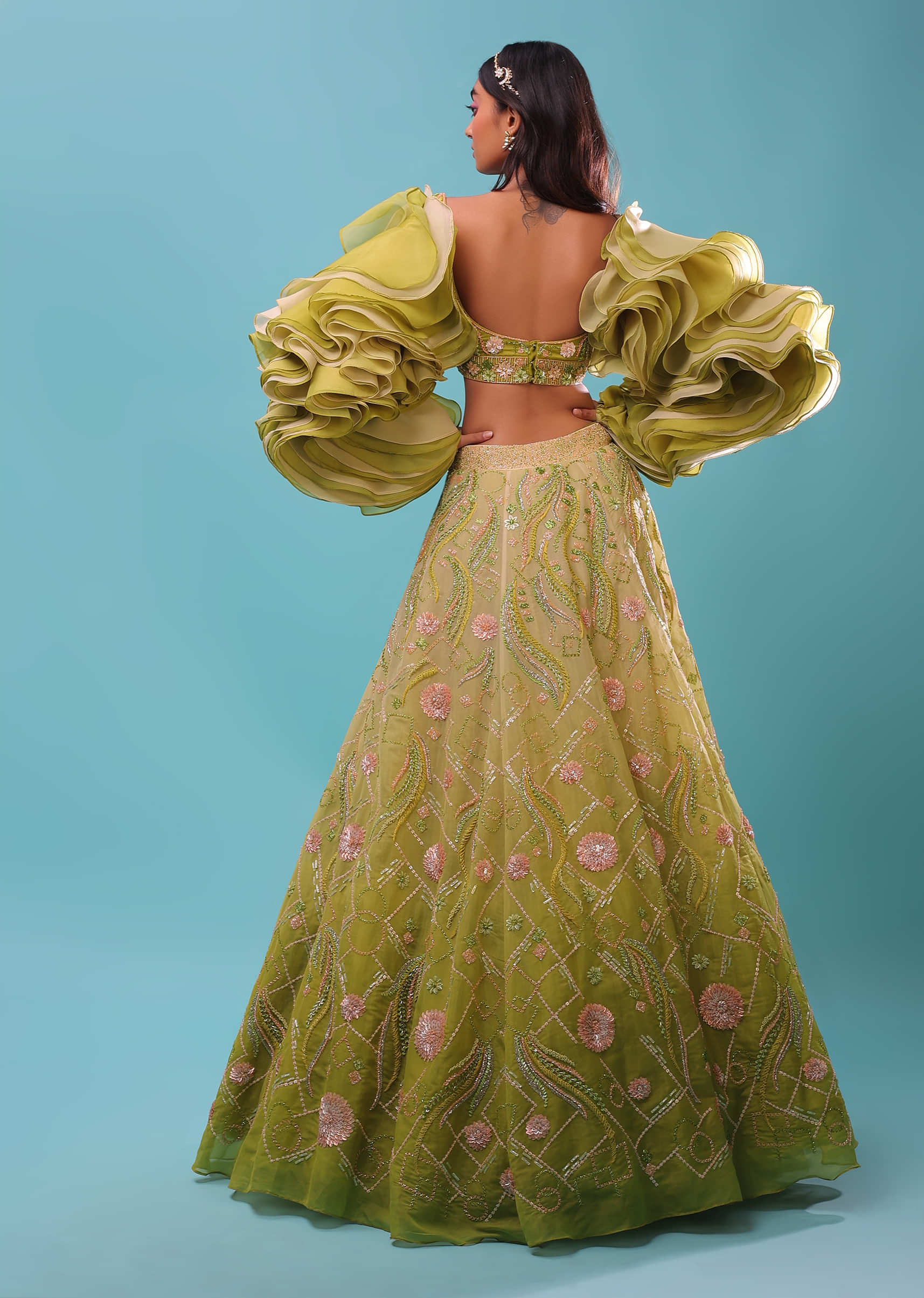 Citrus Green Ombre Lehenga And Sequin Embroidered Crop Top