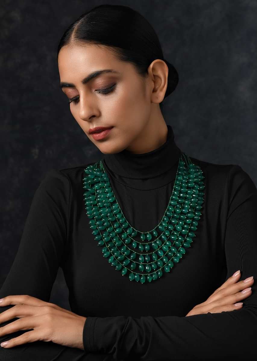 Green Multilayered Necklace Adorned With Jade Stone Beads By Paisley Pop