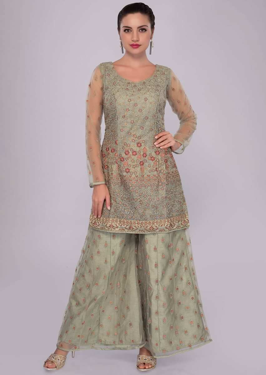 Green net palazzo suit set in net jaal embroidery 