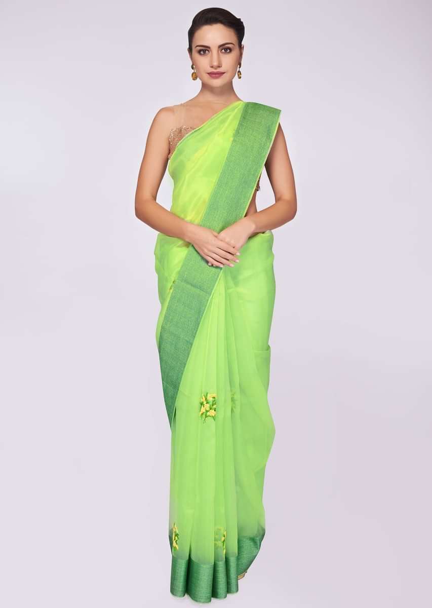 Buy Pista Green Saree In Organza With Hand Embroidered Floral Buttis Using  Thread And French Knots KALKI Fashion India