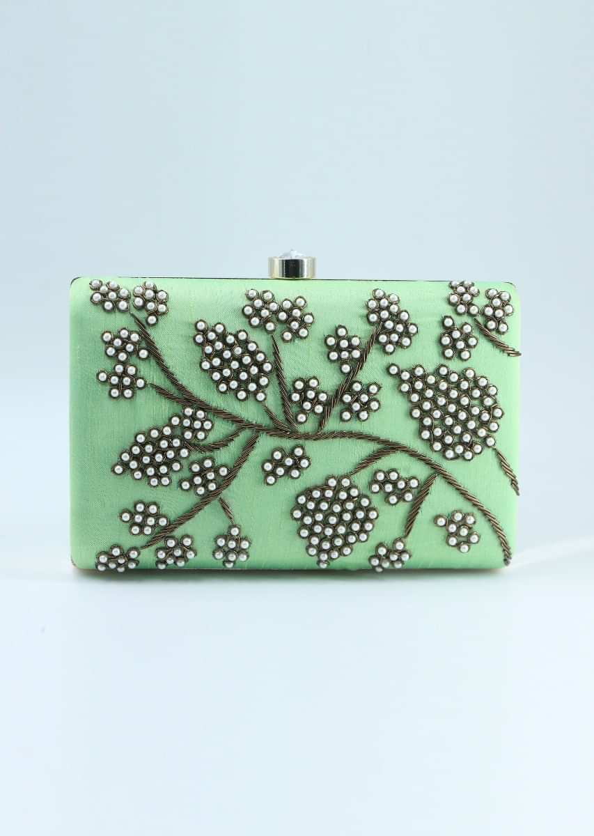 Green pearl beaded hand embroidered clutch 