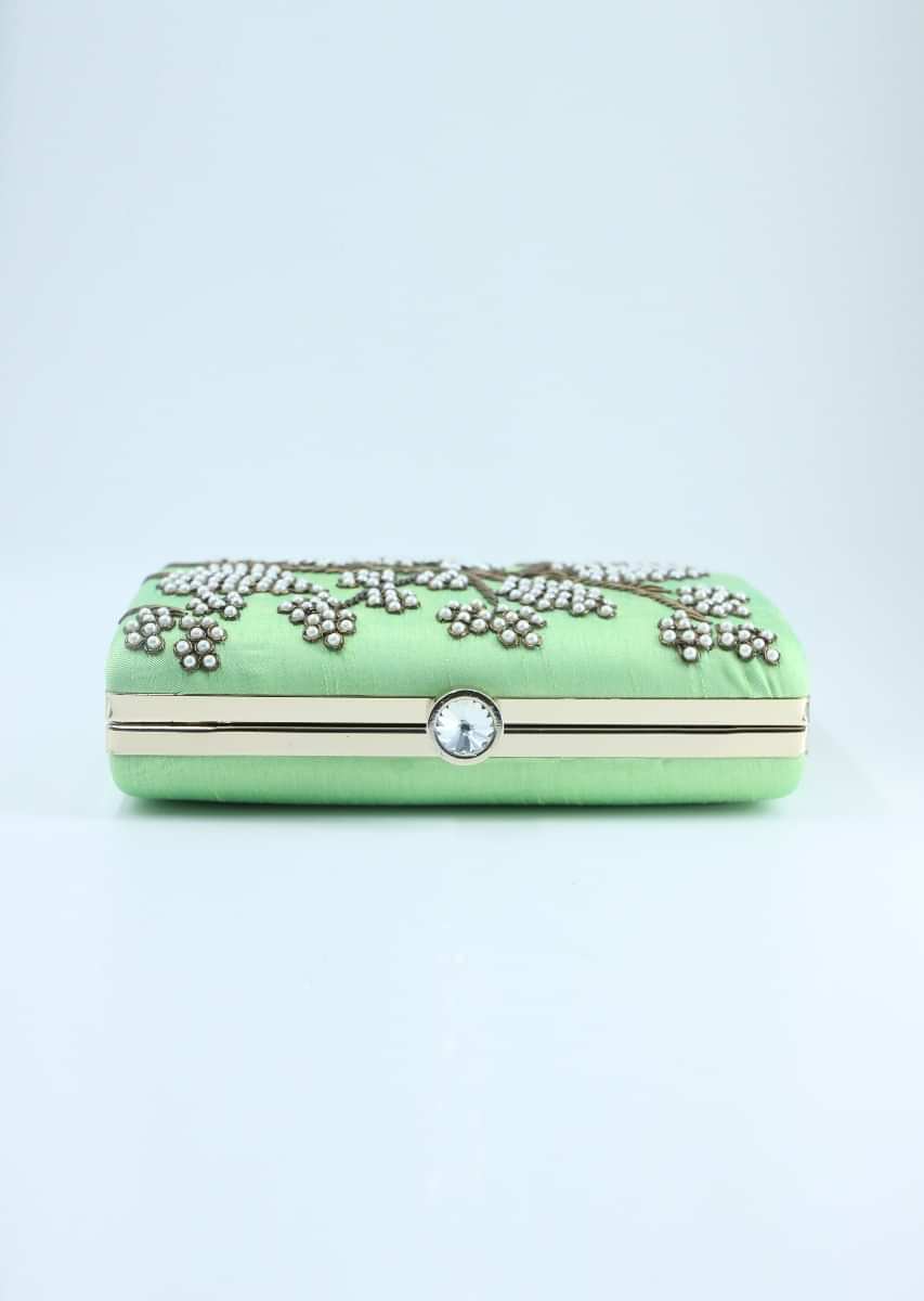 Green pearl beaded hand embroidered clutch 