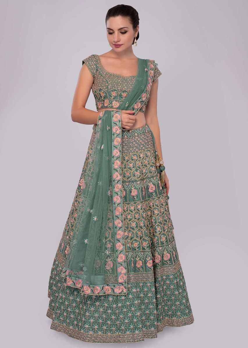 Buy Green Raw Silk Lehenga Set In Temple And Geometric Embroidery Only ...