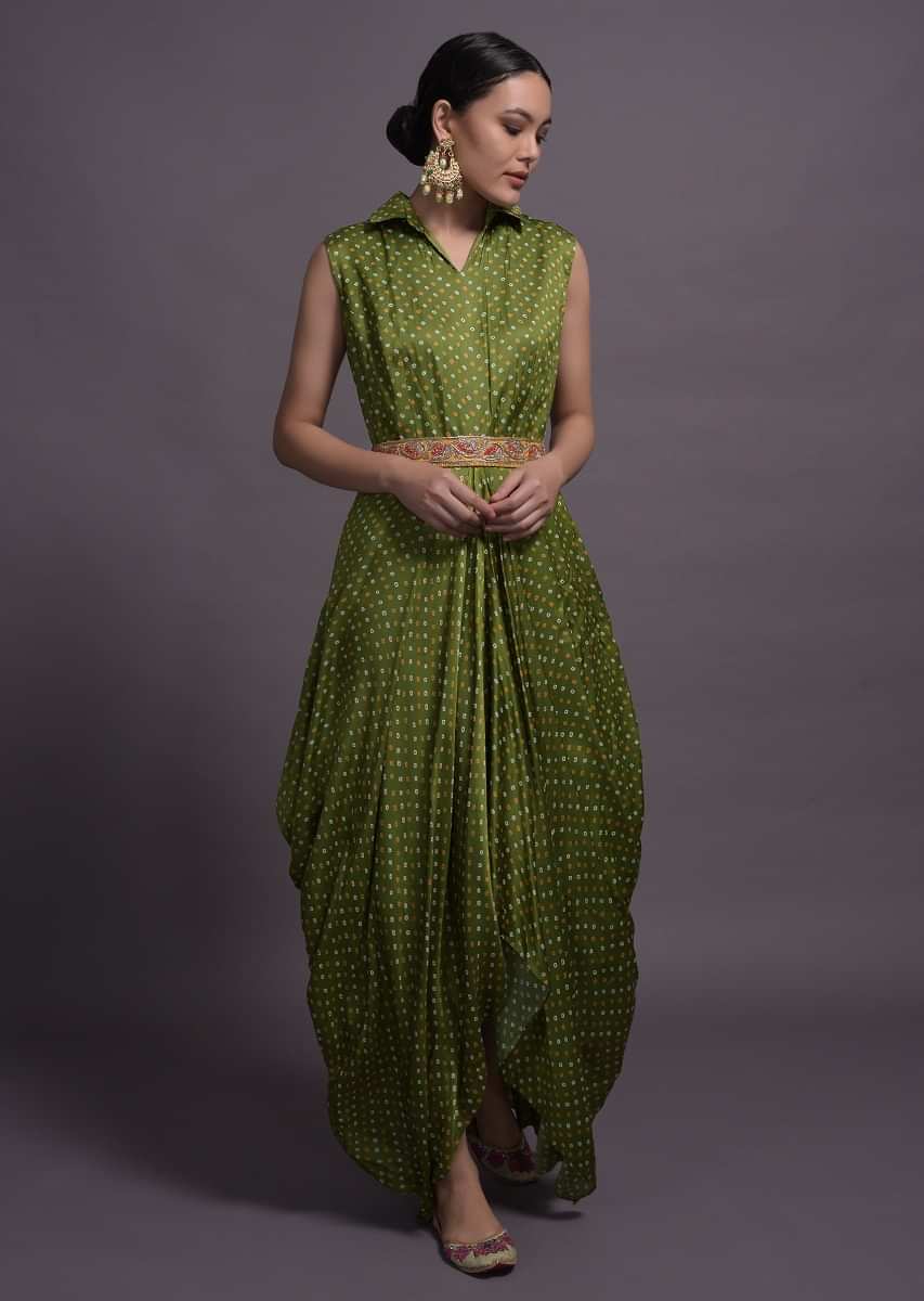 Green Satin Silk Cowl Dress With Bandhani Print
