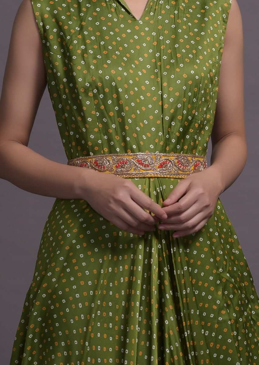 Green Satin Silk Cowl Dress With Bandhani Print