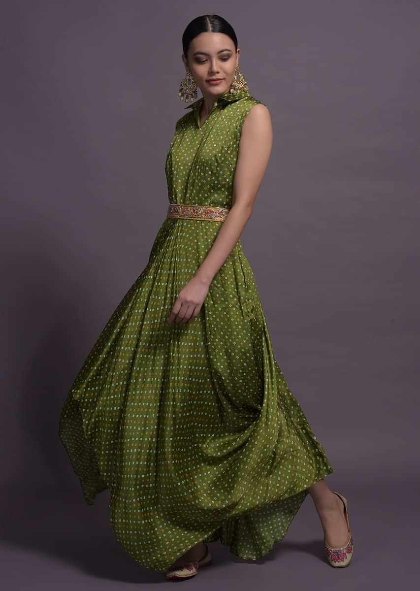 Green Satin Silk Cowl Dress With Bandhani Print/ WHAT TO WEAR TO A SANGEET 