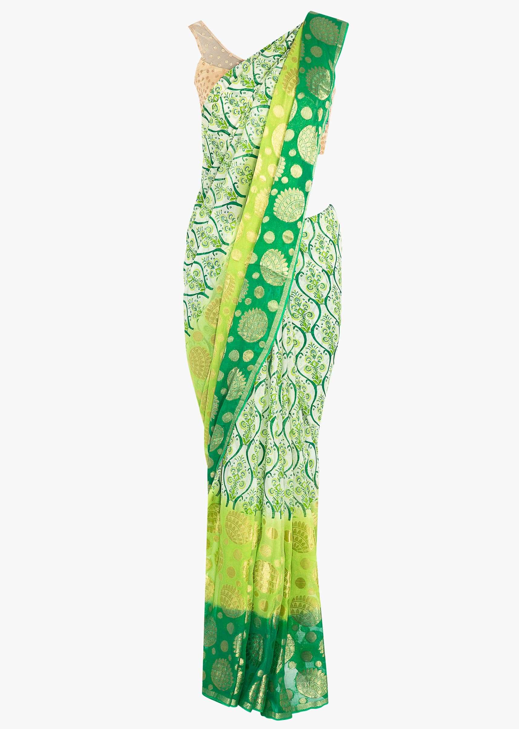 Green shaded georgette saree in ogee print and weaved work 