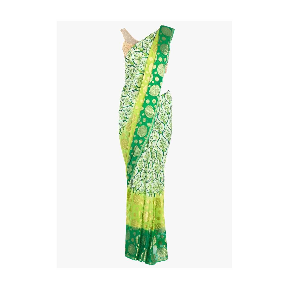Green shaded georgette saree in ogee print and weaved work only on Kalki 