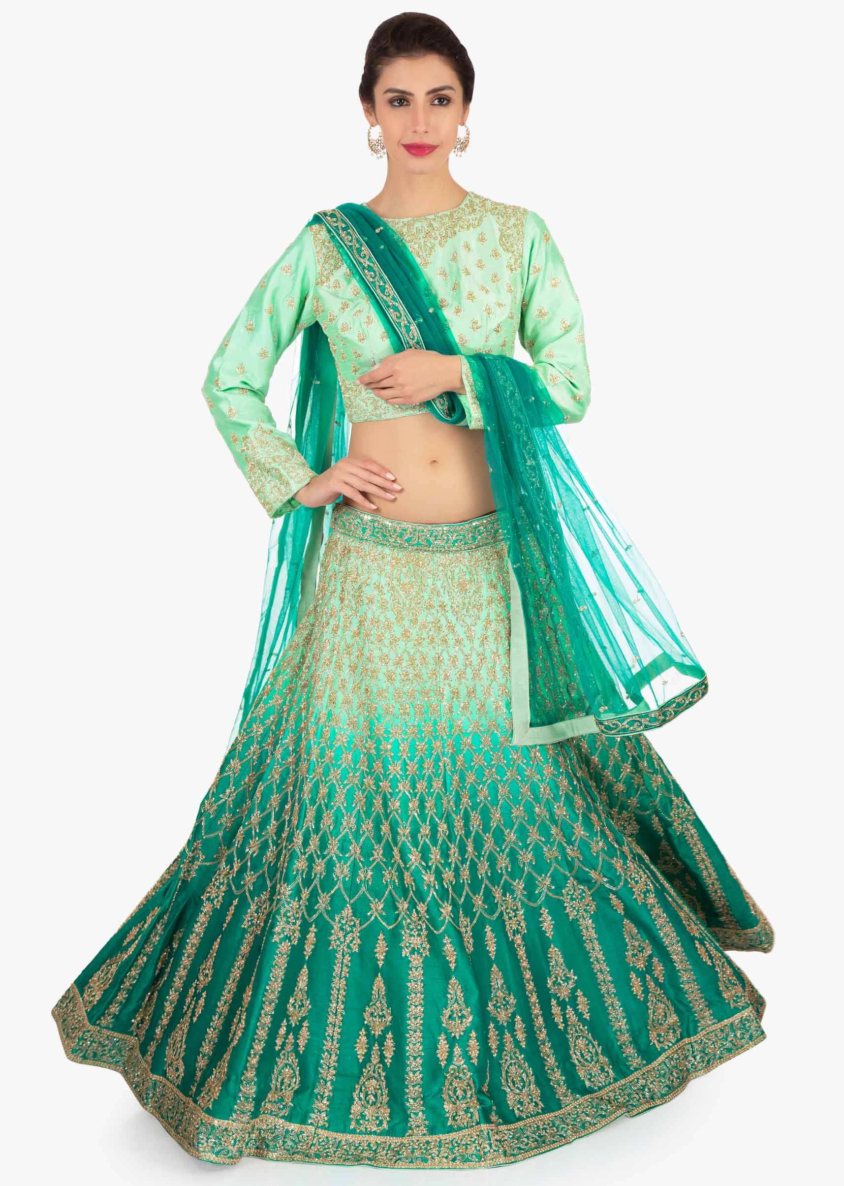 Green shaded lehenga paired with mint green blouse and matching net dupatta 