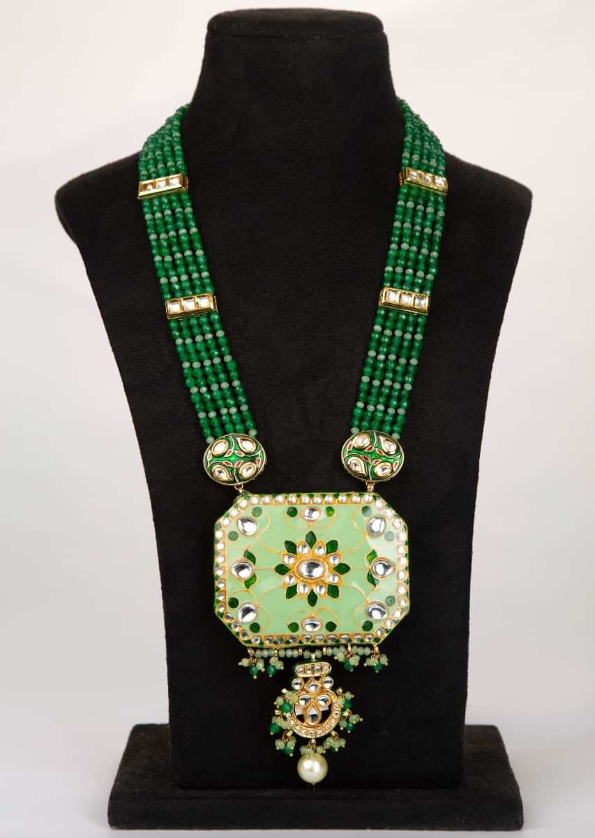 Green shaded multi string necklace with pista green pendant with meenakari work 
