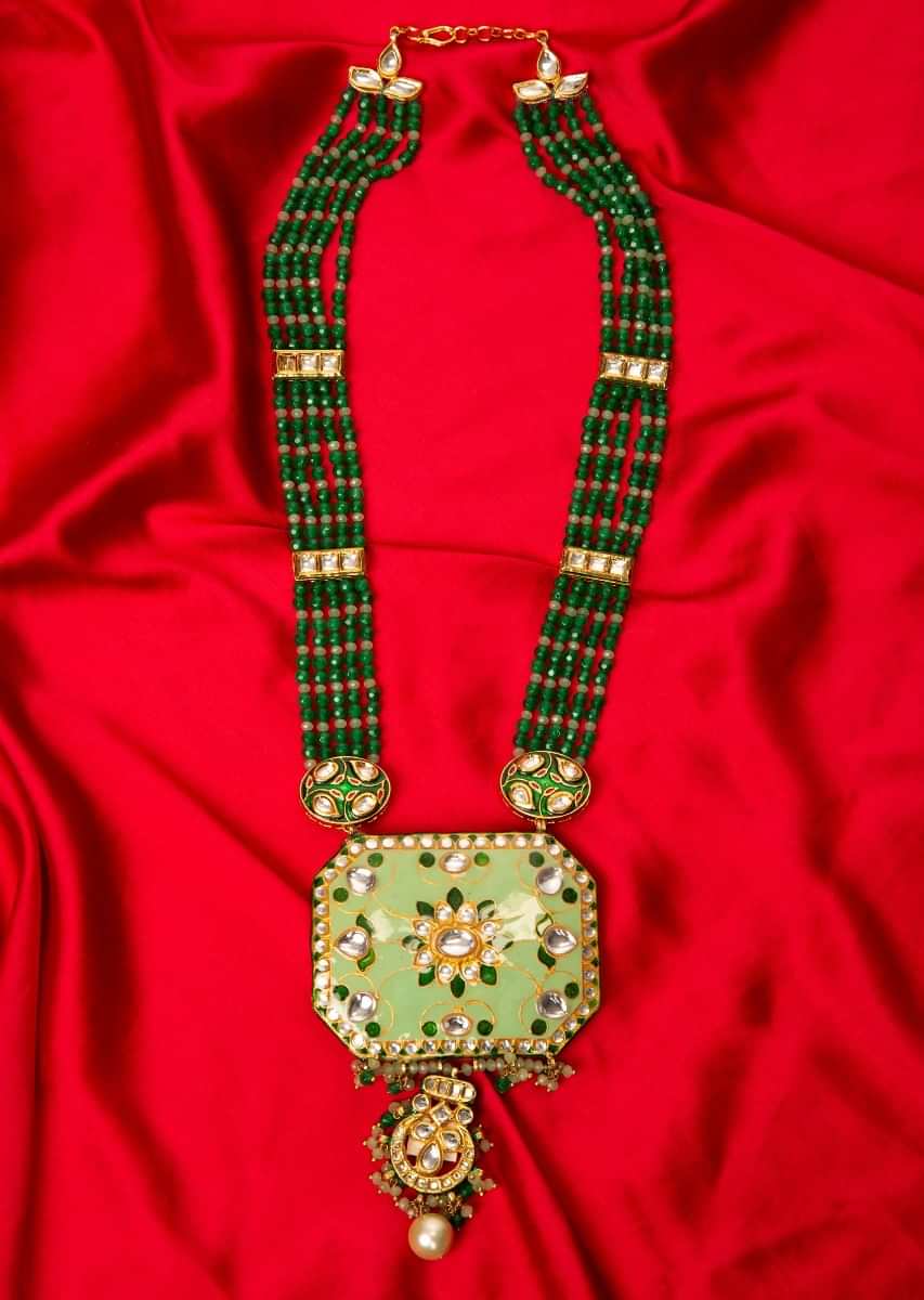 Green shaded multi string necklace with pista green pendant with meenakari work 