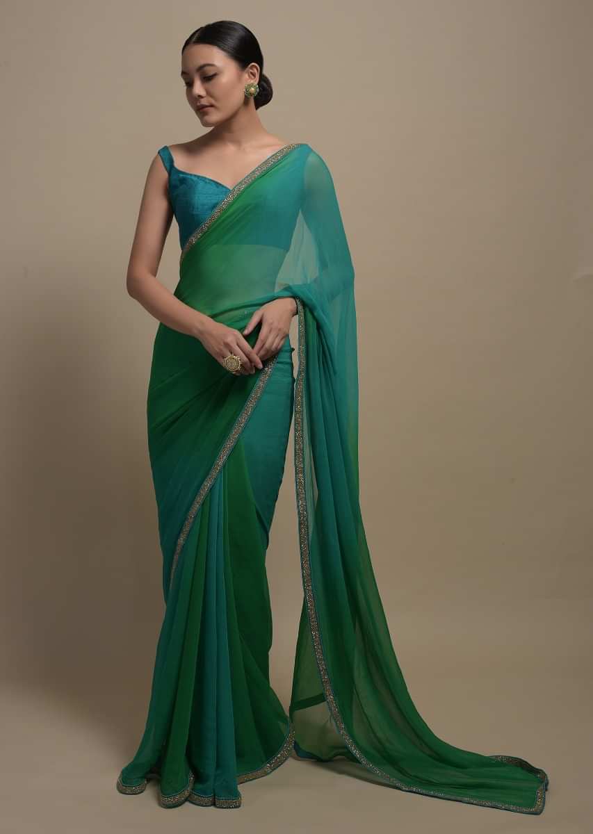Bottle Green cotton plain saree | Kiran's Boutique
