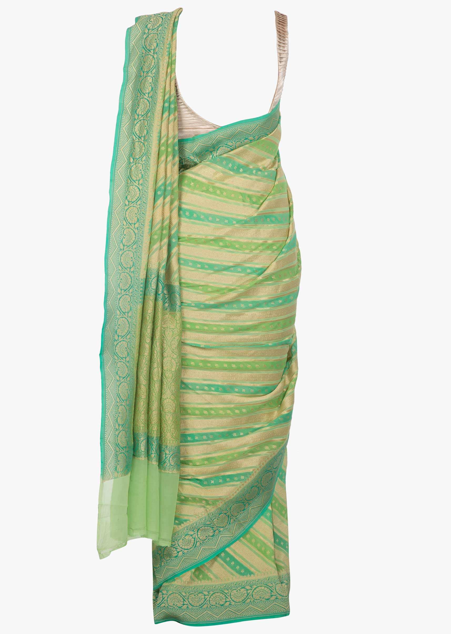 Green shaded weaved saree with stripes and butti 