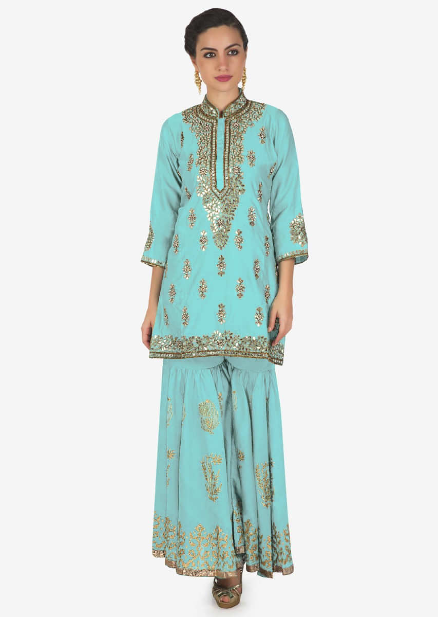 Featuring Sharara Suit In Turq With Kundan And Zari Embroidered Placket And Butti Online - Kalki Fashion