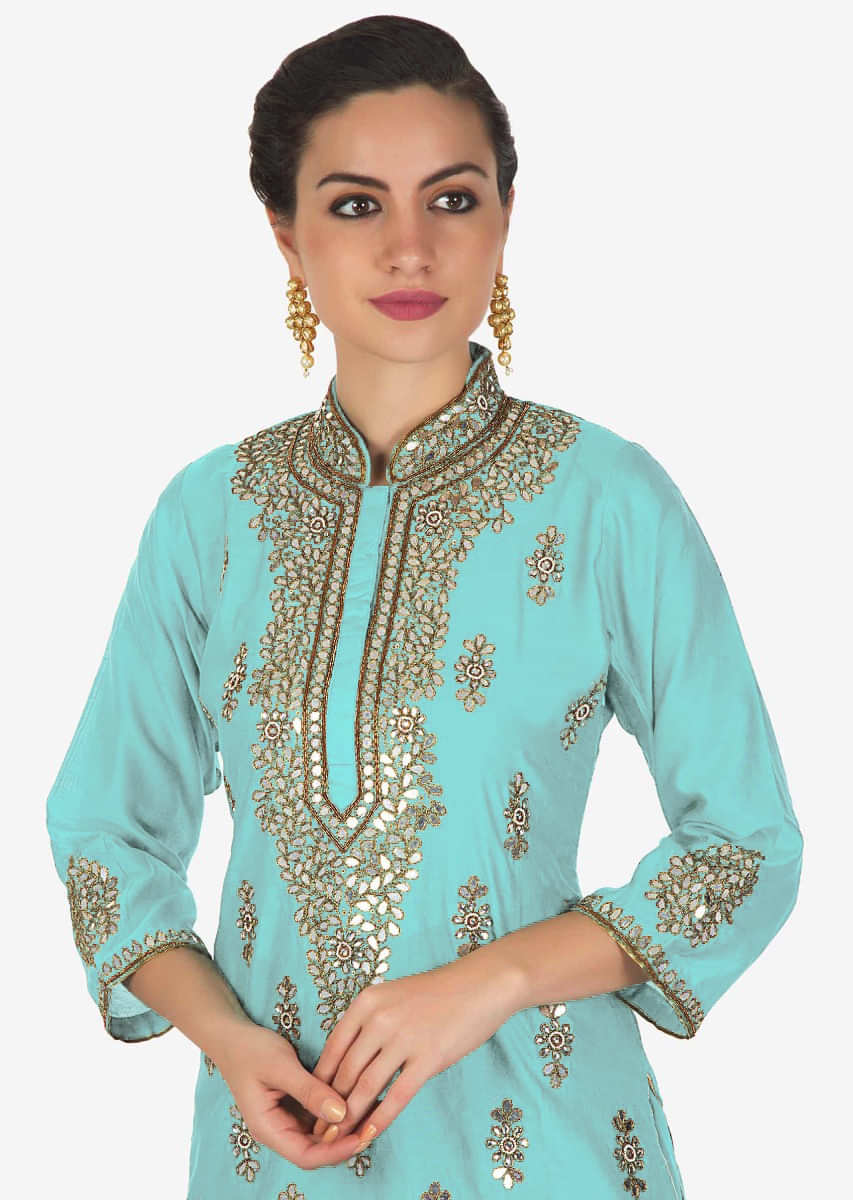 Buy Featuring Sharara Suit In Turq With Kundan And Zari Embroidered ...