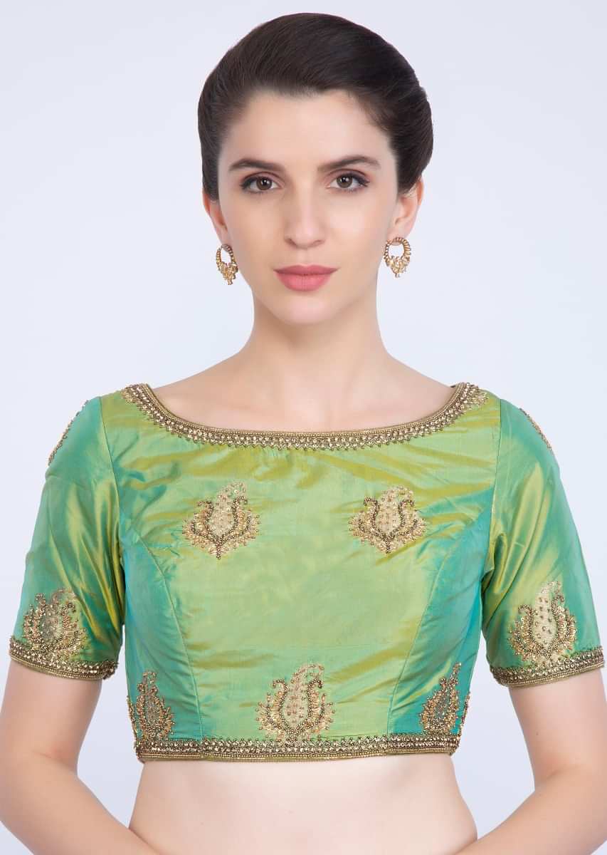 Green Silk Blouse With Embroidered Border And Paisley Butti Online - Kalki Fashion