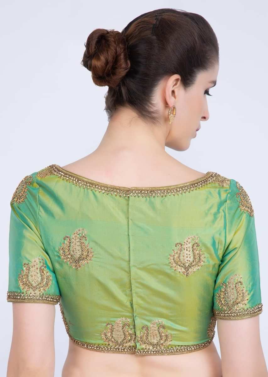 Green Silk Blouse With Embroidered Border And Paisley Butti Online - Kalki Fashion