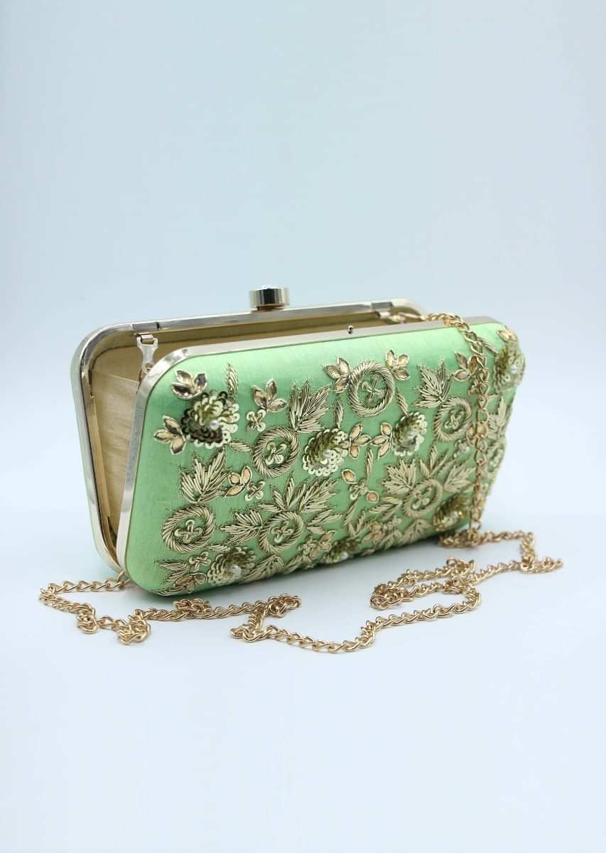 Green sling clutch bag  embellished in zardosi floral embroidery 