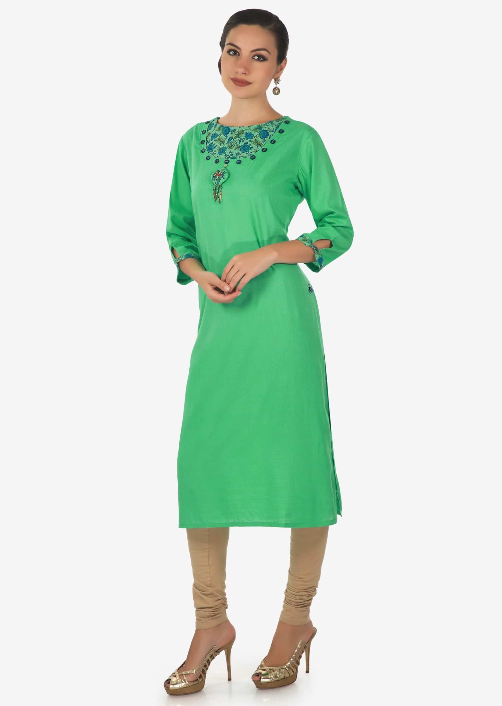 Green Kurti In With Fancy Neckline In Buttons And Tassel Online - Kalki Fashion
