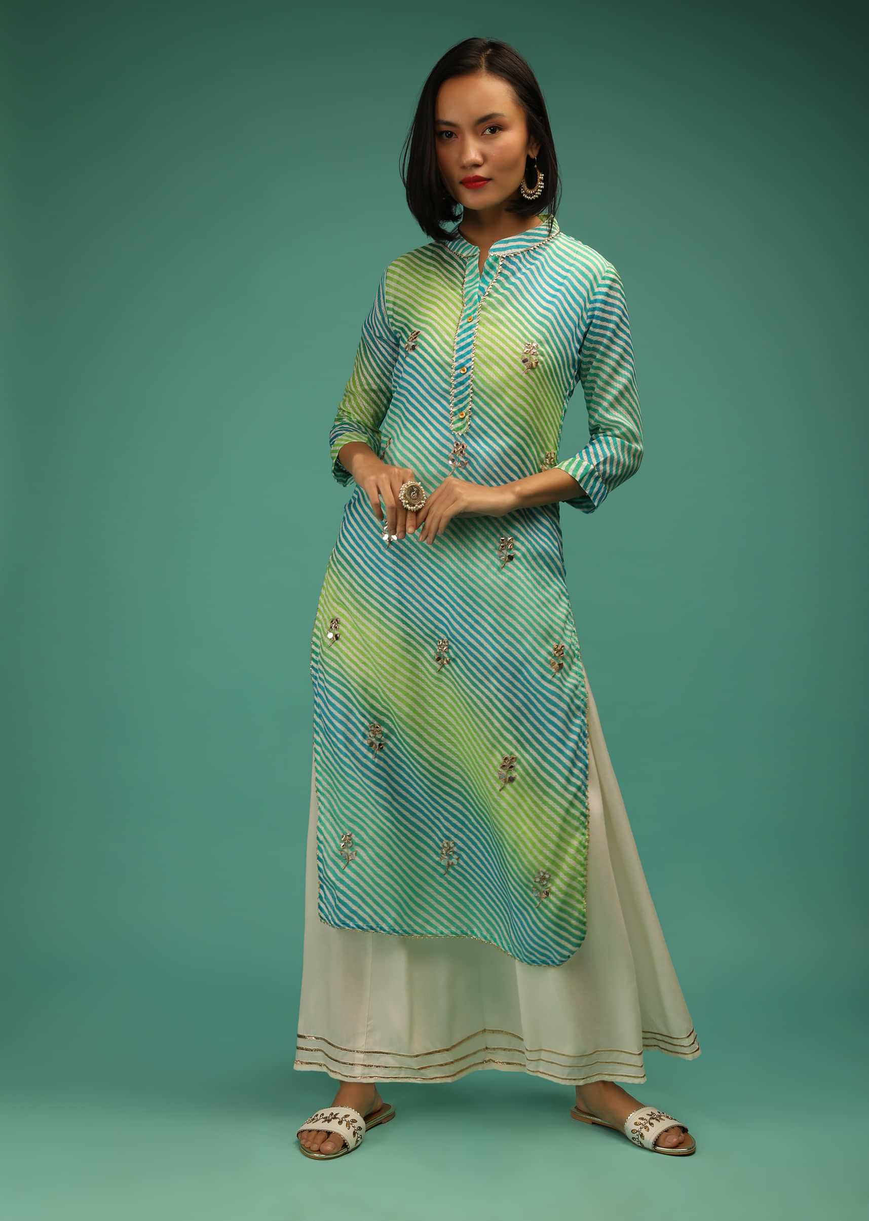 Green And Blue Kurta Set With Lehariya Print, Mirror Abla Work And Off White Long Dress