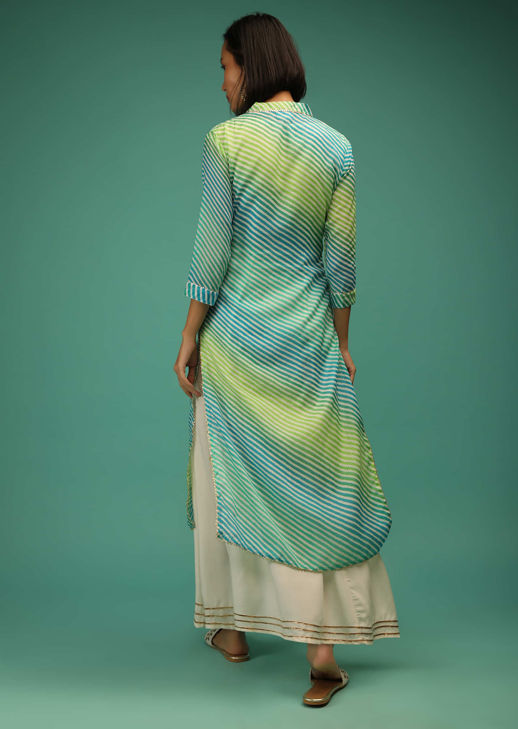 Green And Blue Kurta Set With Lehariya Print, Mirror Abla Work And Off White Long Dress