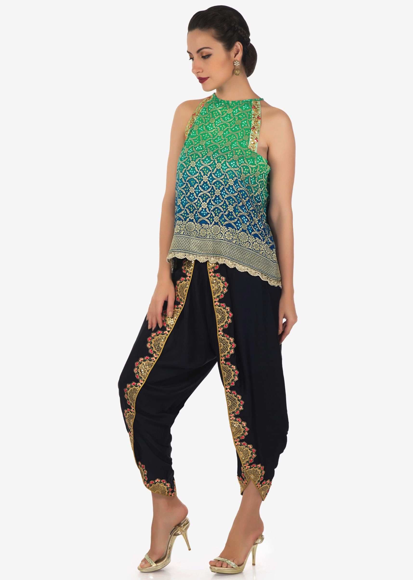 Green and blue shaded top with navy blue dhoti pants in resham and zari work only on Kalki