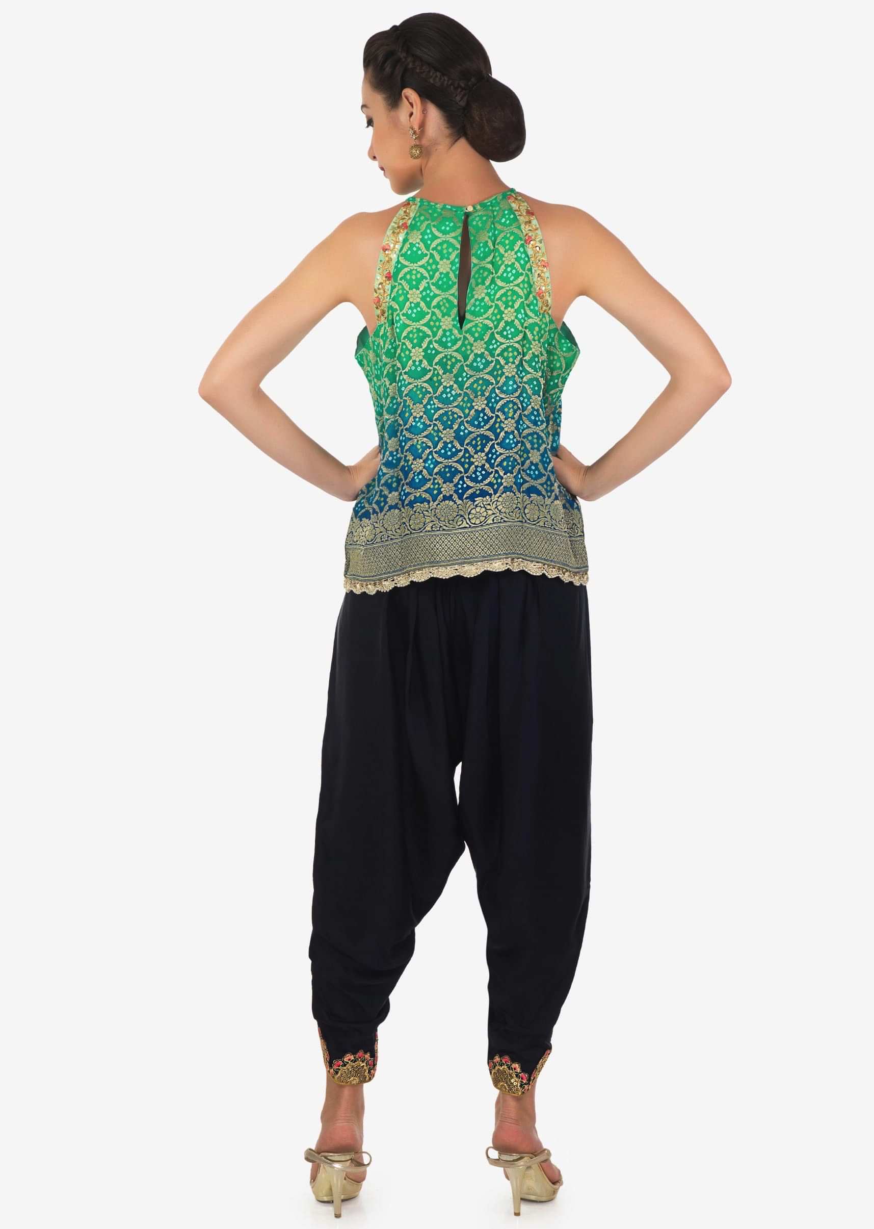 Green and blue shaded top with navy blue dhoti pants in resham and zari work only on Kalki