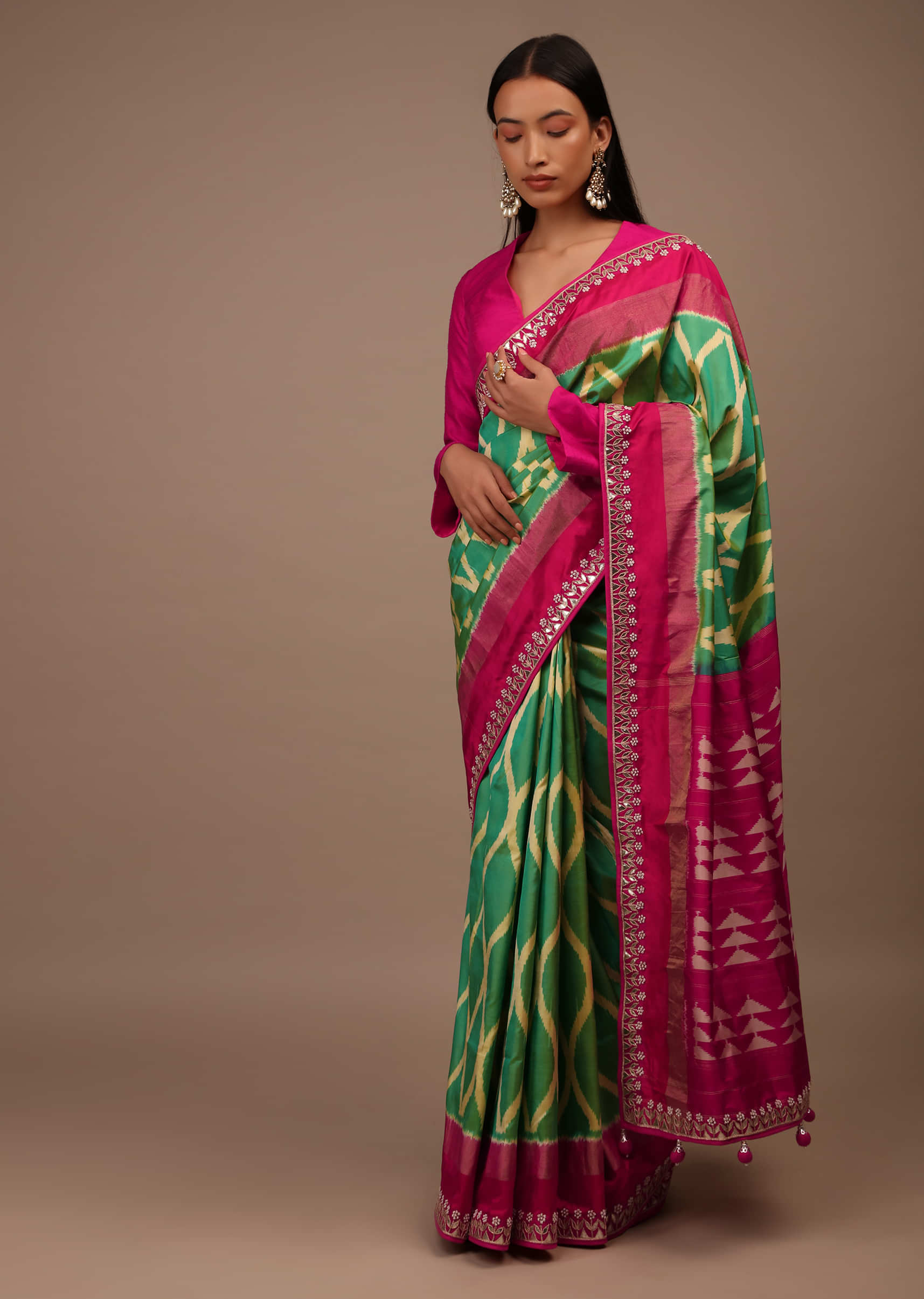 Green And Yellow Two Toned Saree In Silk With Pure Patola Woven Moroccan Jaal And Gotta Patti Embroidered Border
