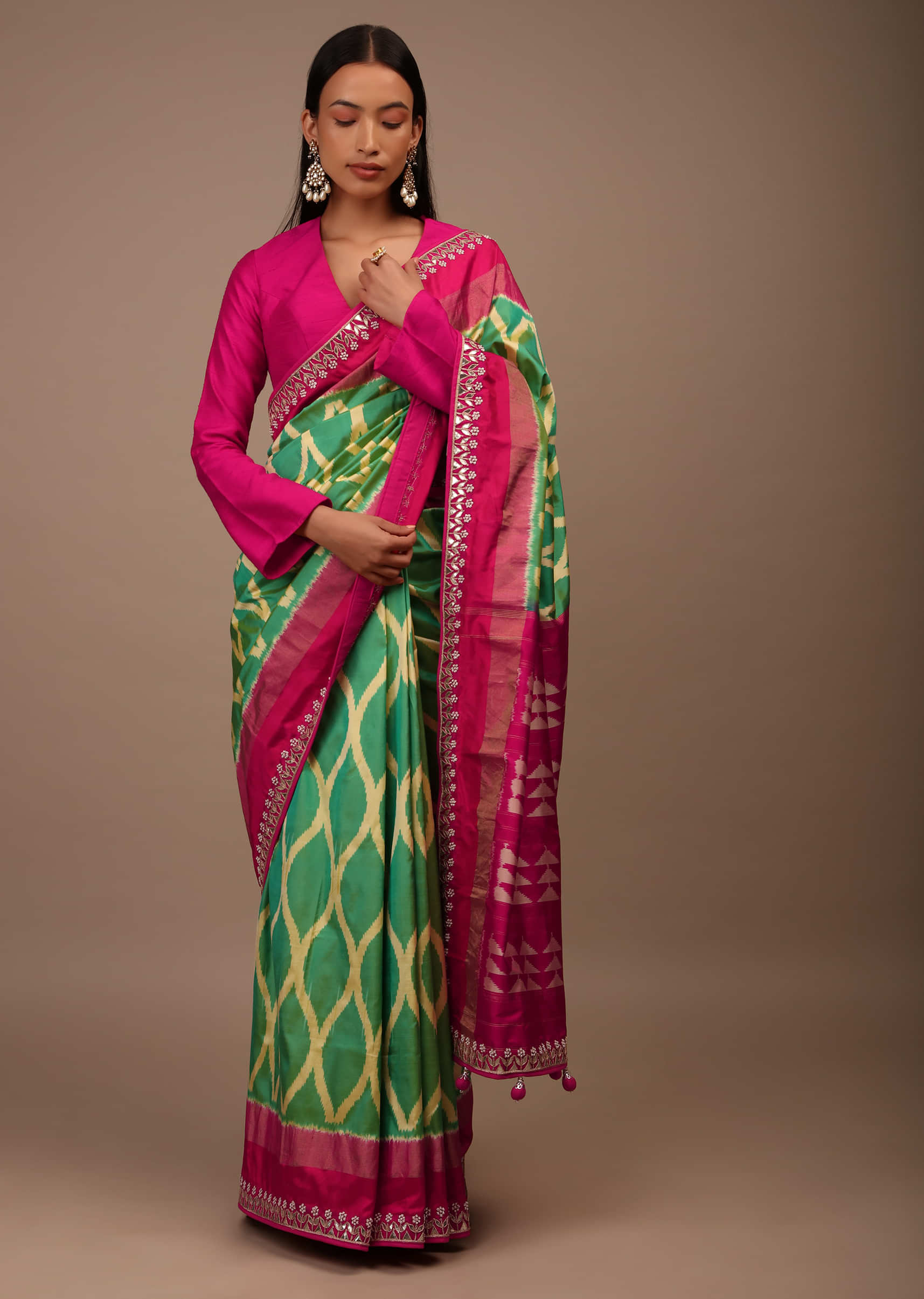 Green And Yellow Two Toned Saree In Silk With Pure Patola Woven Moroccan Jaal And Gotta Patti Embroidered Border