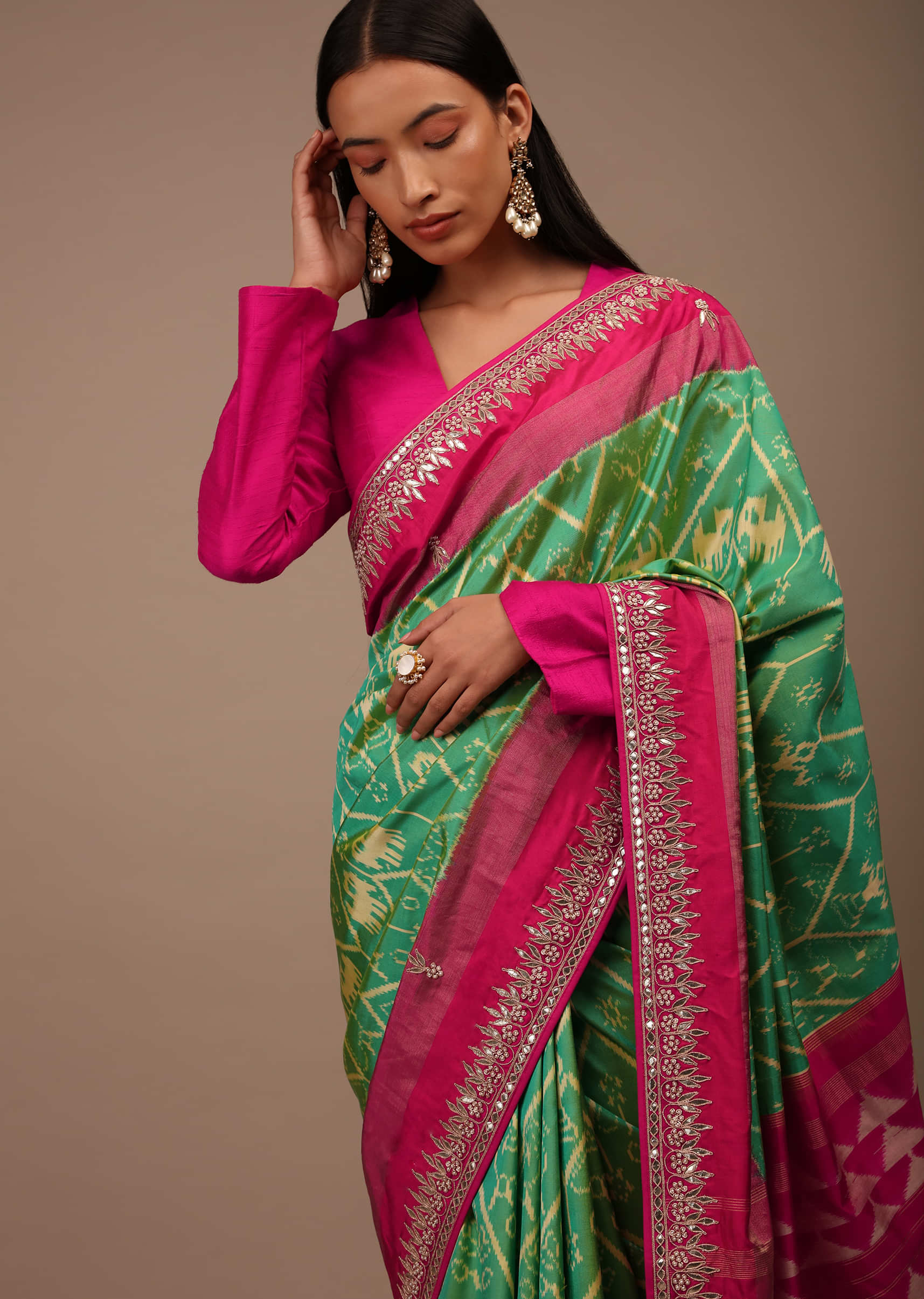 Green And Yellow Two Toned Saree In Silk With Pure Patola Woven Jaal And Gotta Patti Embroidered Border