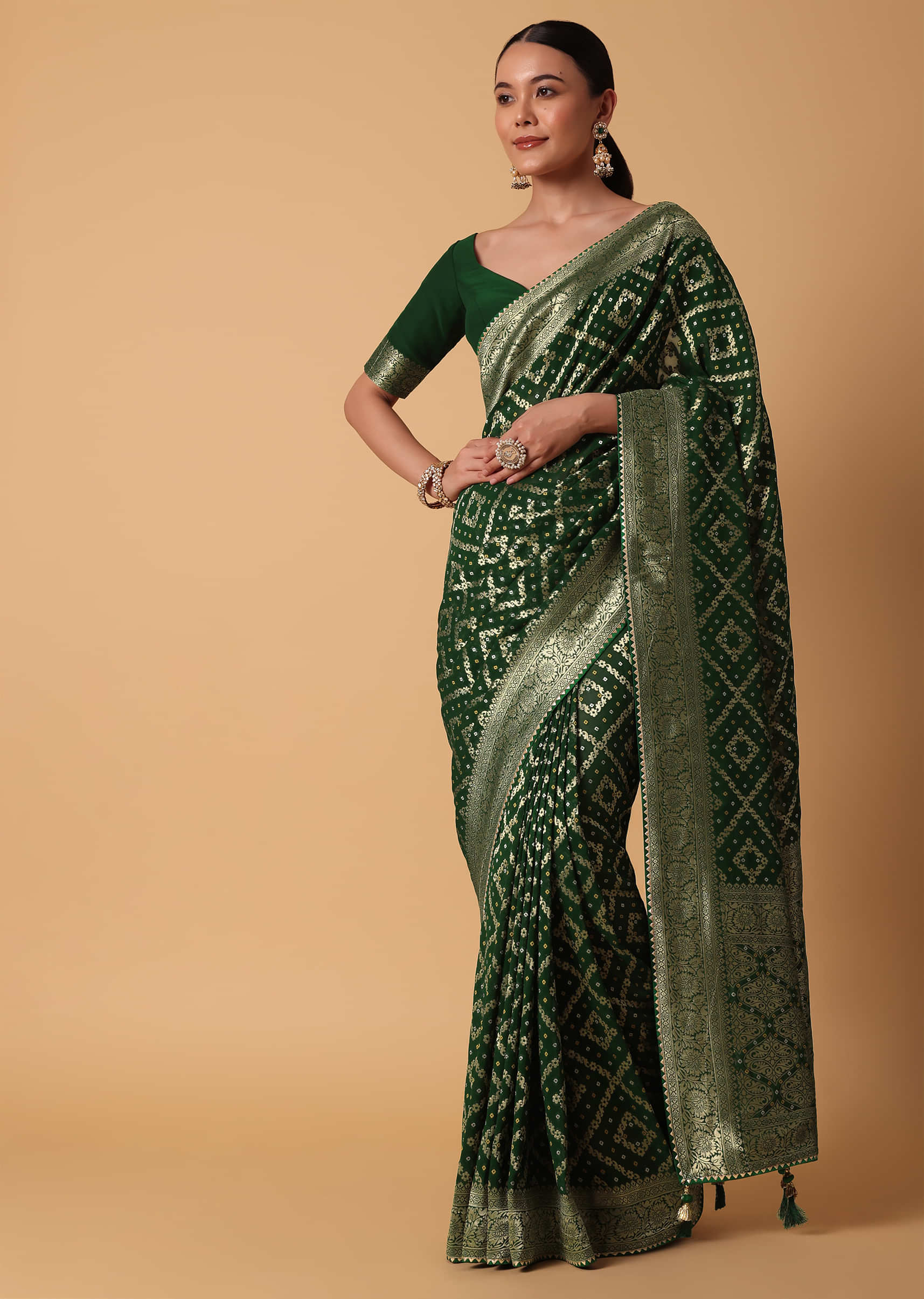 Buy Green Banarasi Georgette Saree With Zari Bandhani Weave And Unstitched  Blouse Piece KALKI Fashion India