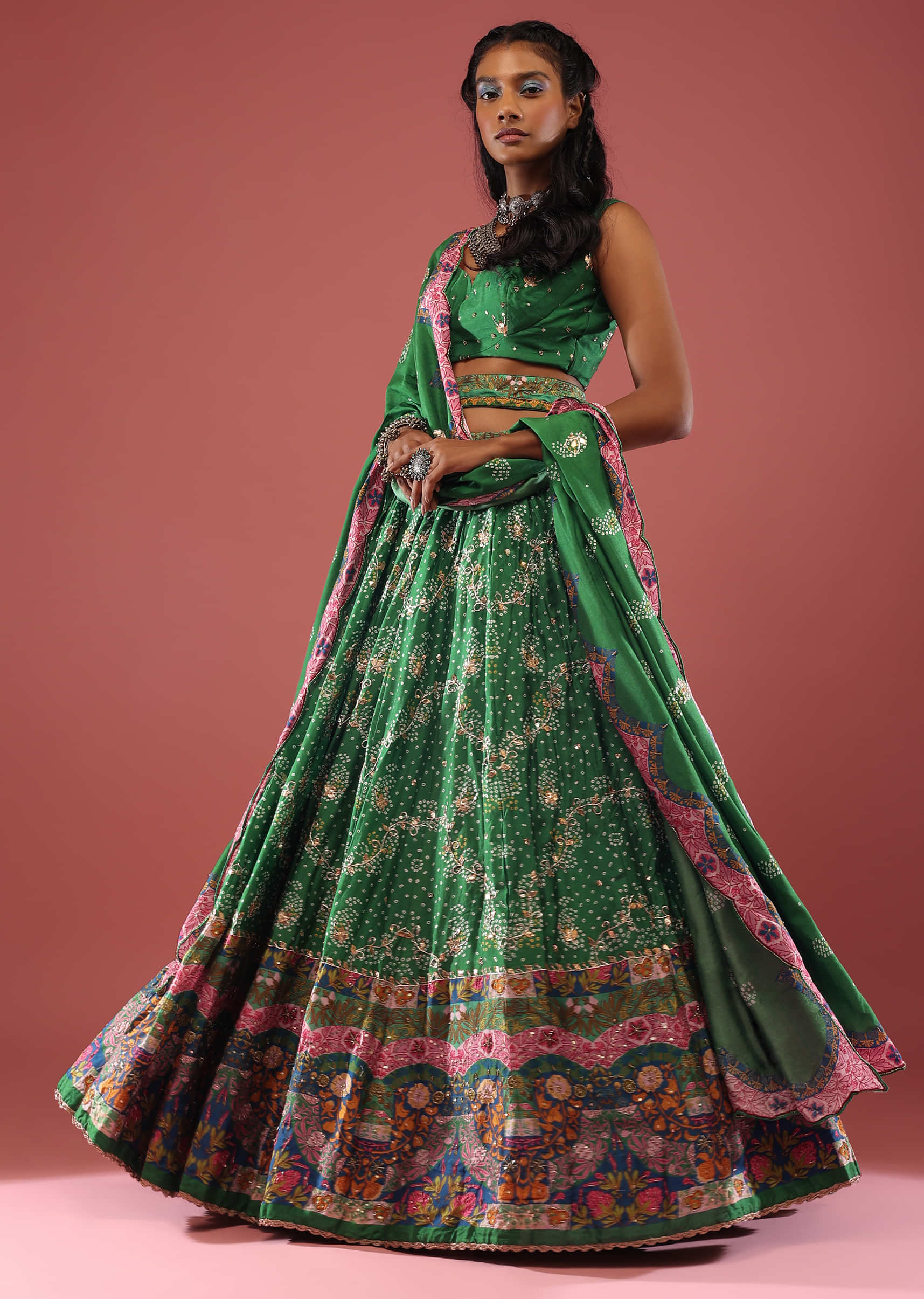 Green Lehenga Choli in Heavy Georgette with Silk Blouse and