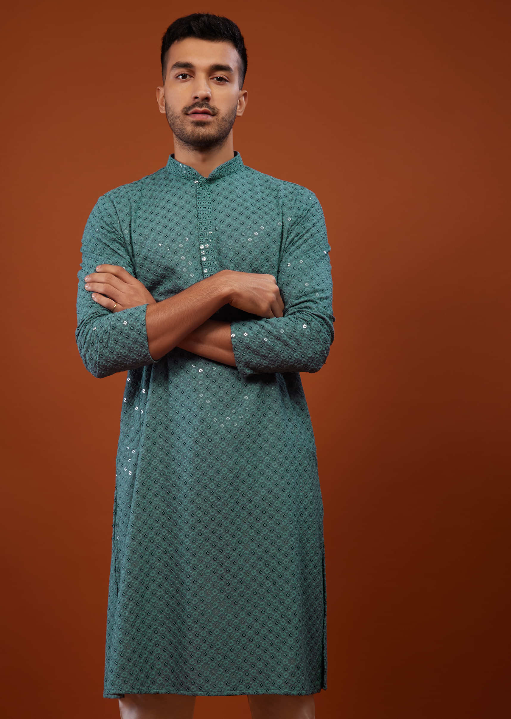 Peacock Green Embroidered Kurta Set In Lucknowi