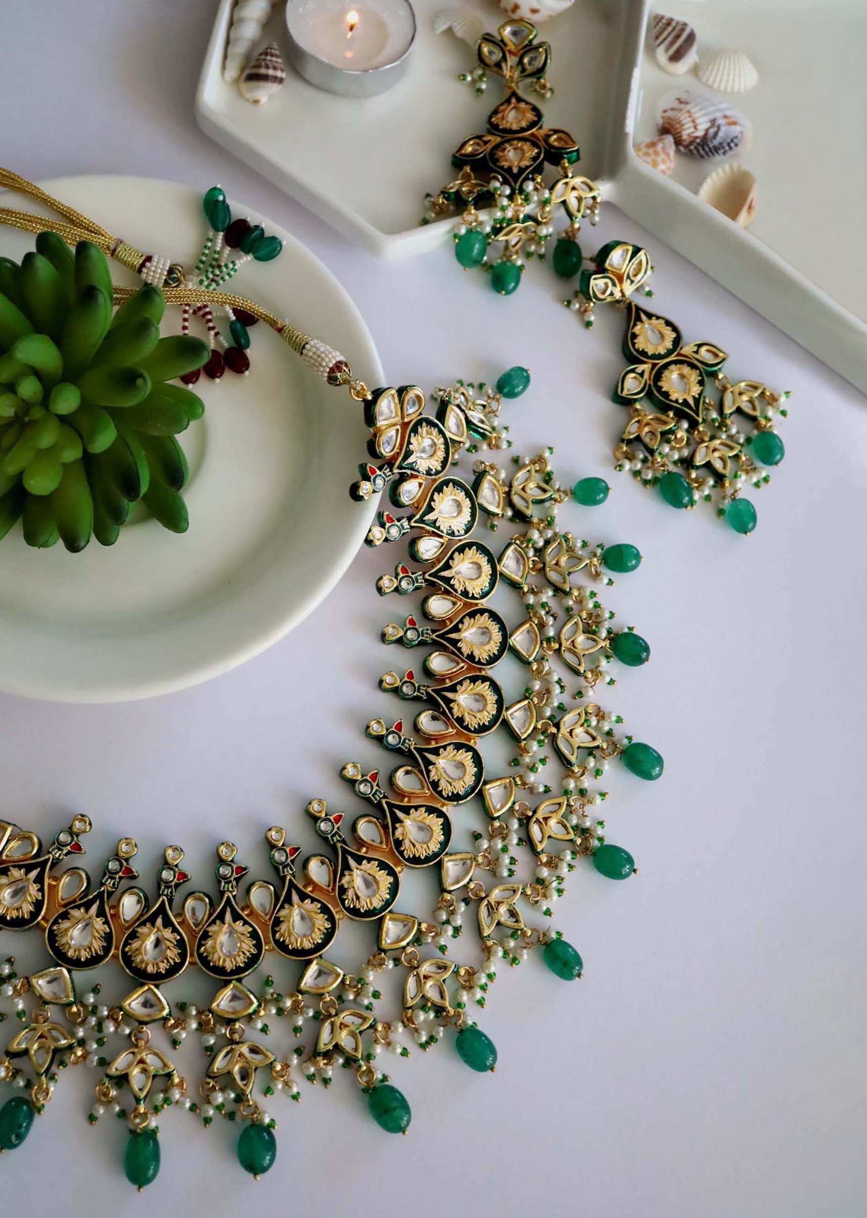Green Collar Necklace And Earrings Set Inspired From Peacocks With Kundan And Stones By Paisley Pop