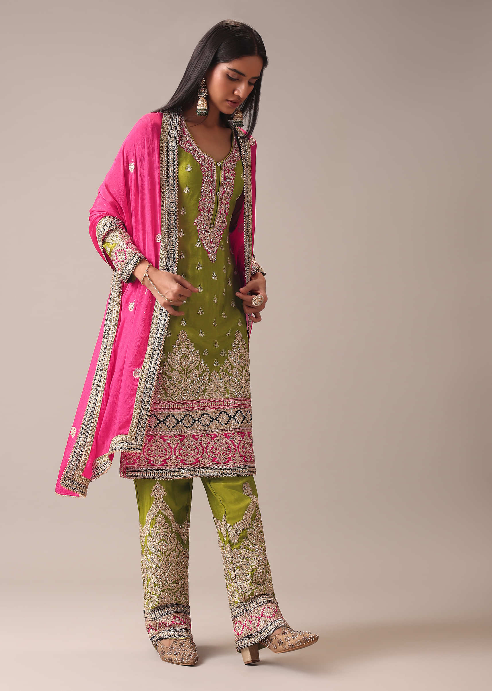 Buy Green Color Block Pallazo Set In Chinon KALKI Fashion India