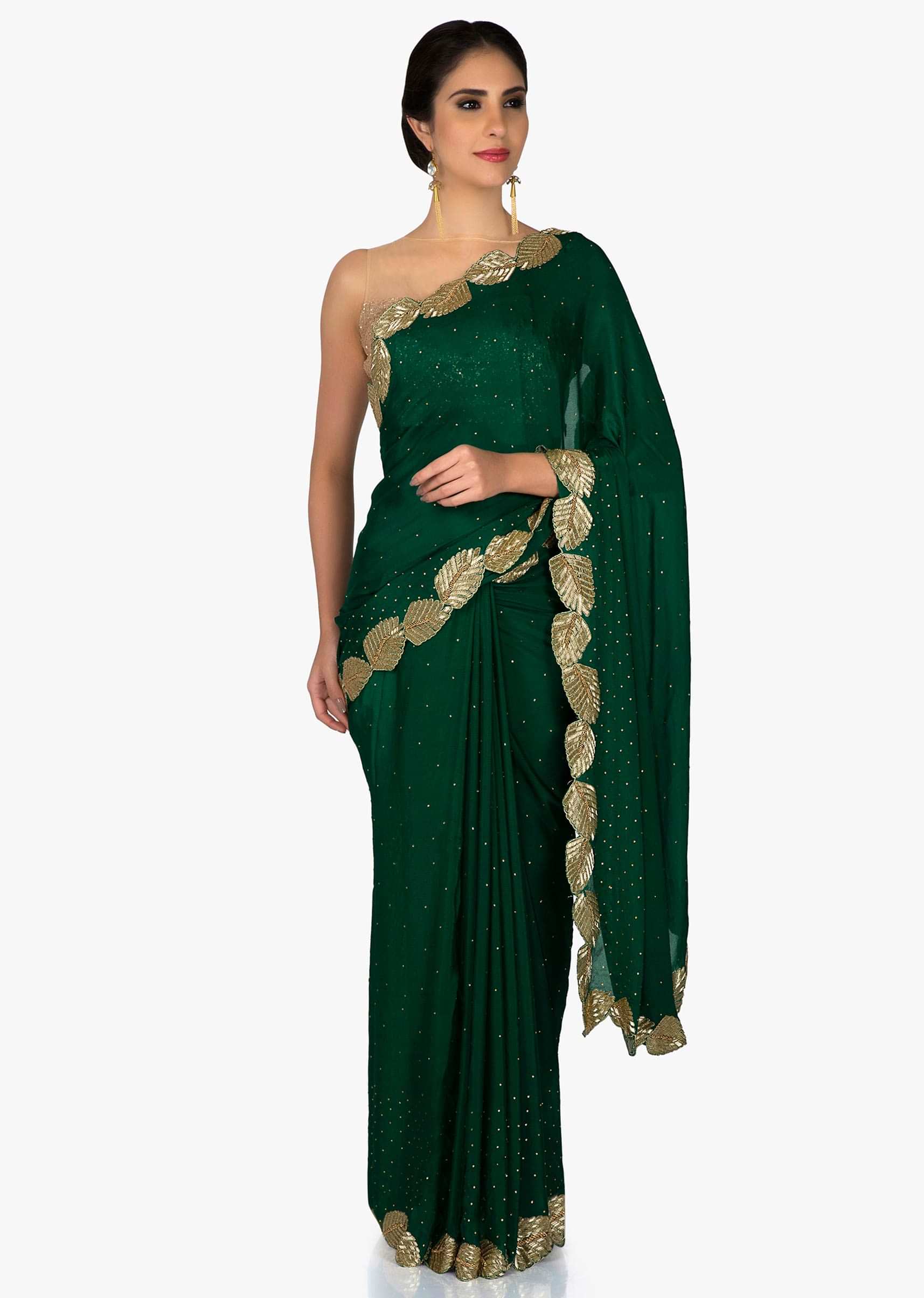 Green Crepe Chiffon Saree and Blouse Embellished with Zardosi only on Kalki