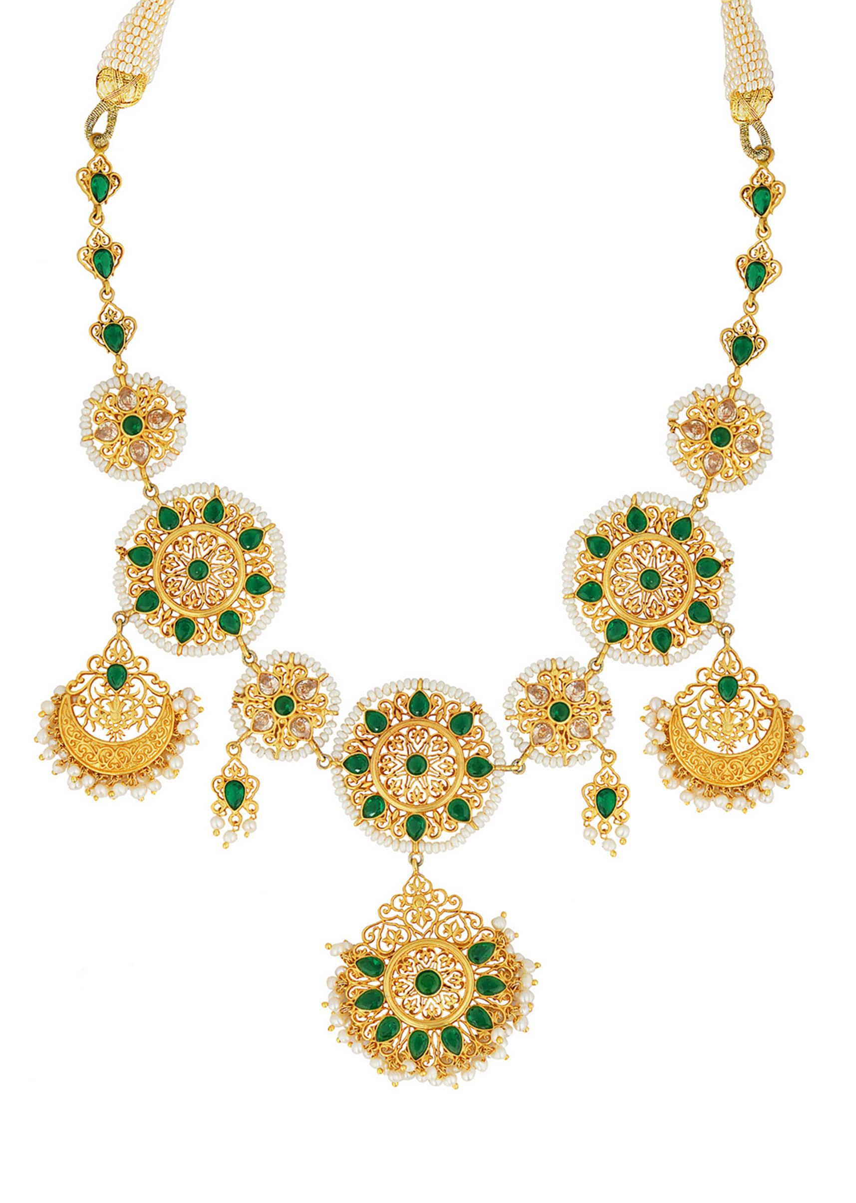 Green Cz Necklace In Floral Mughal Design With Pearls By Zariin
