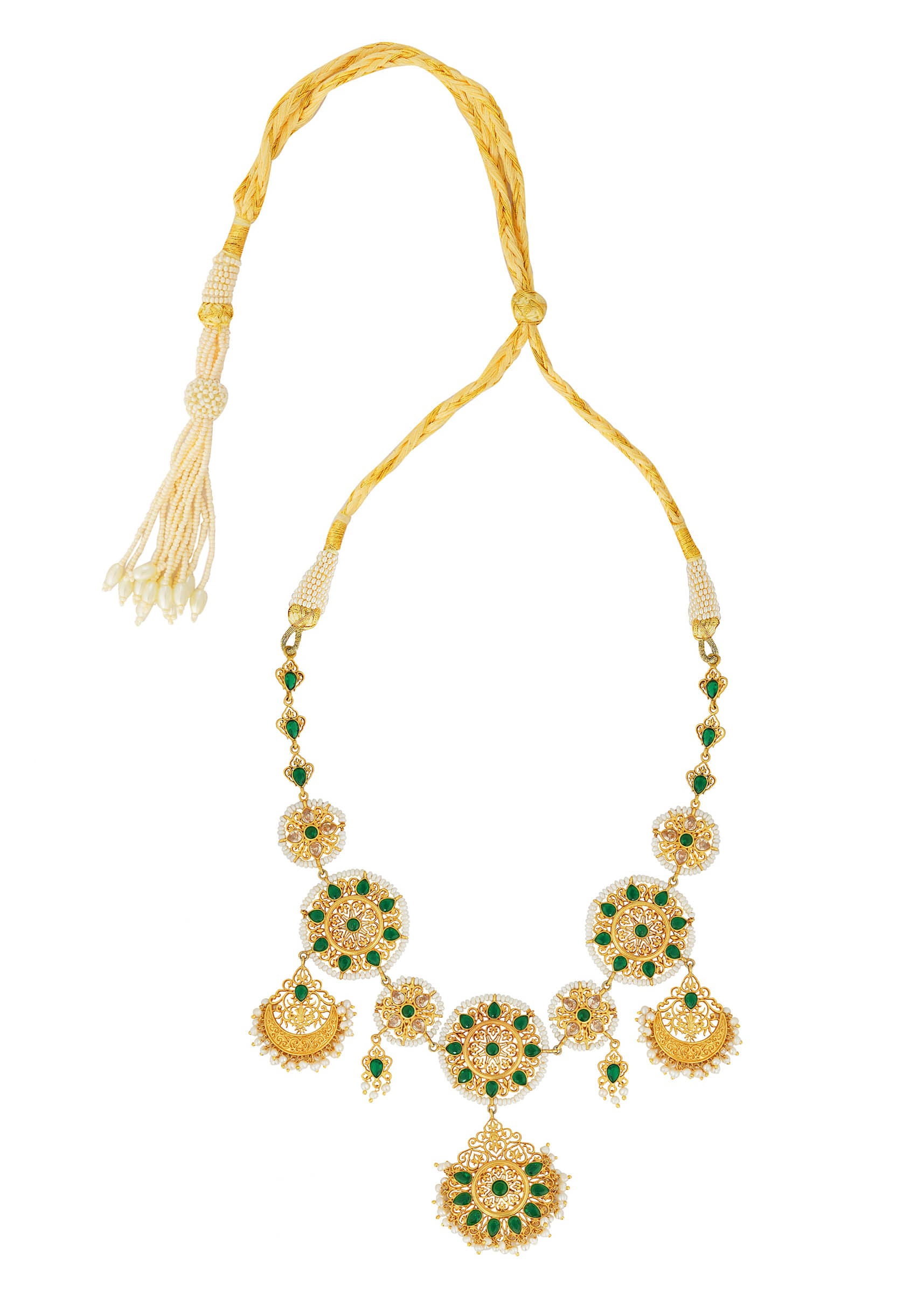 Green Cz Necklace In Floral Mughal Design With Pearls By Zariin