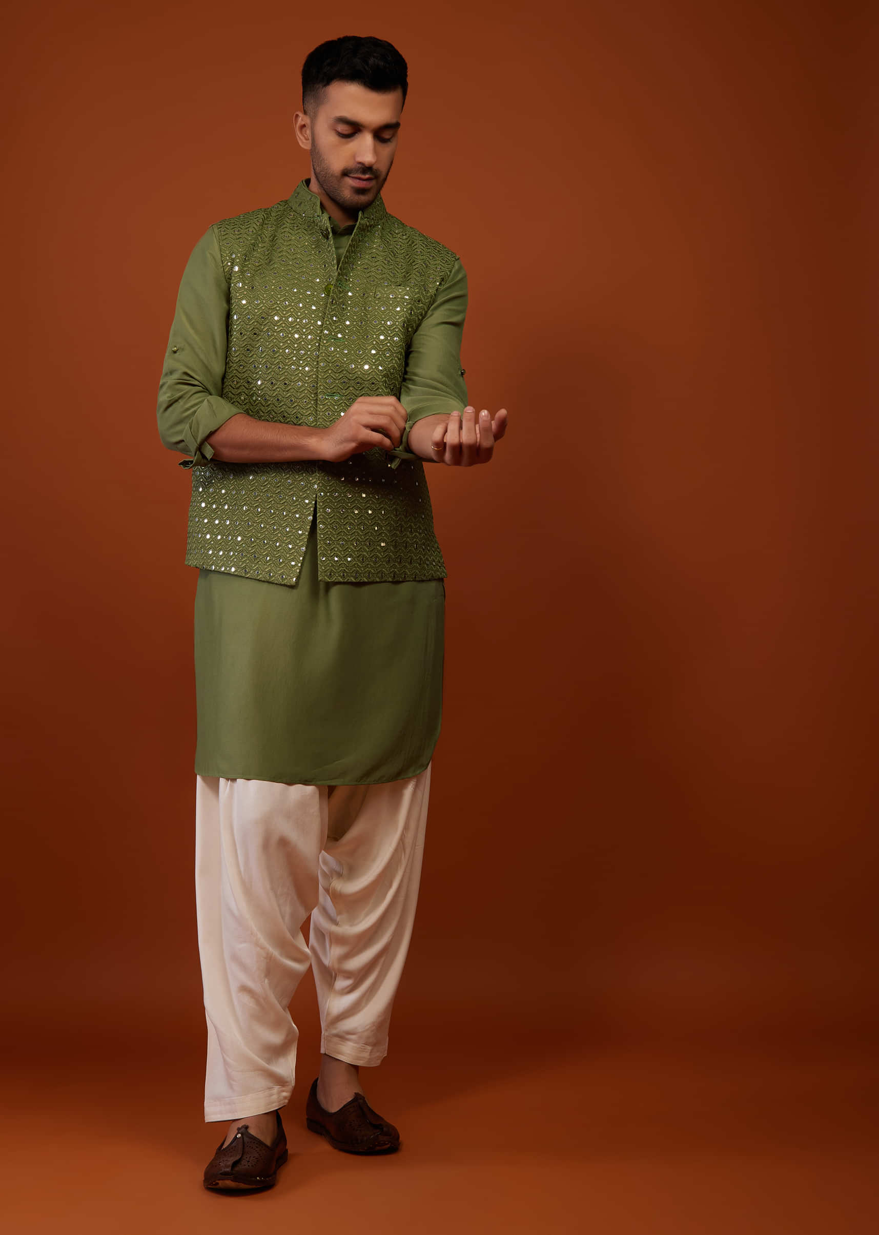 Olive Green Embroidered Bandi Jacket Set In Cotton Silk