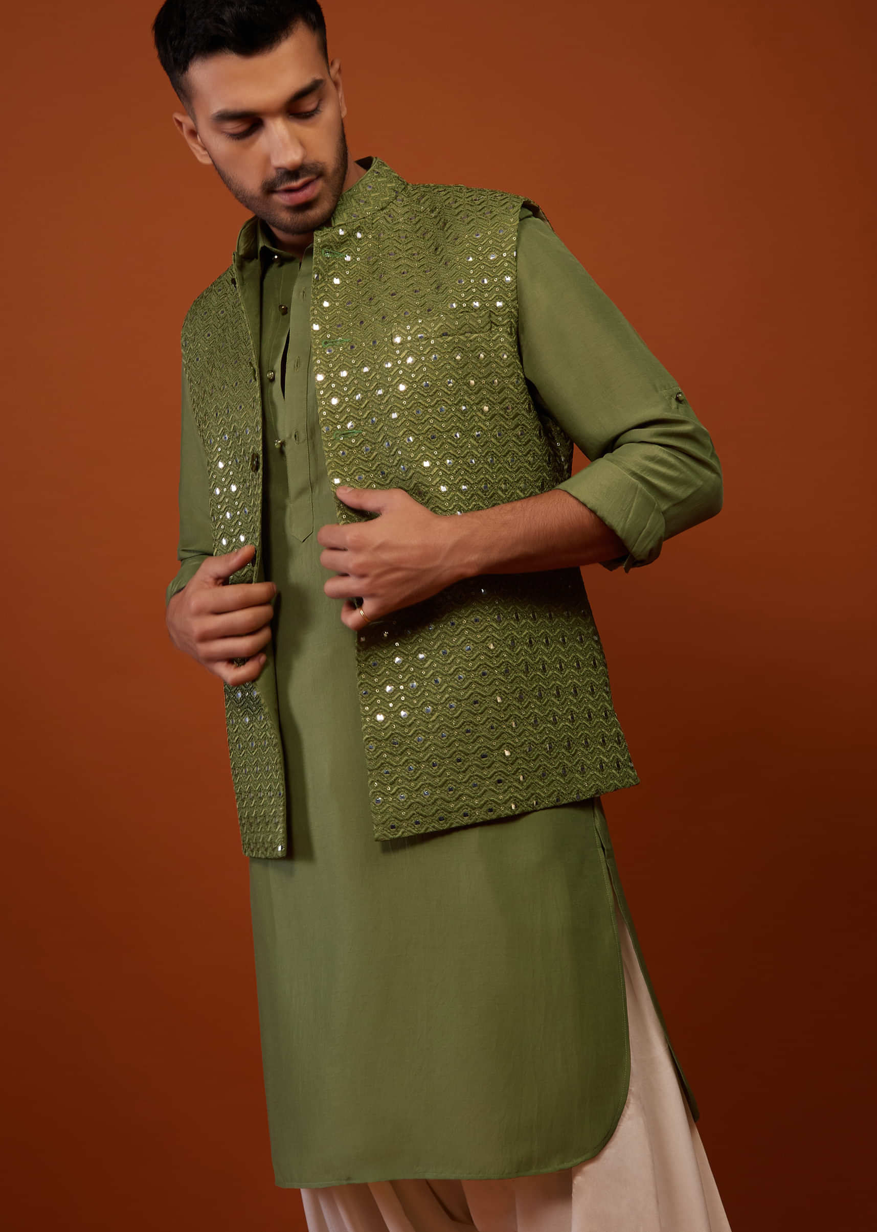 Olive Green Embroidered Bandi Jacket Set In Cotton Silk