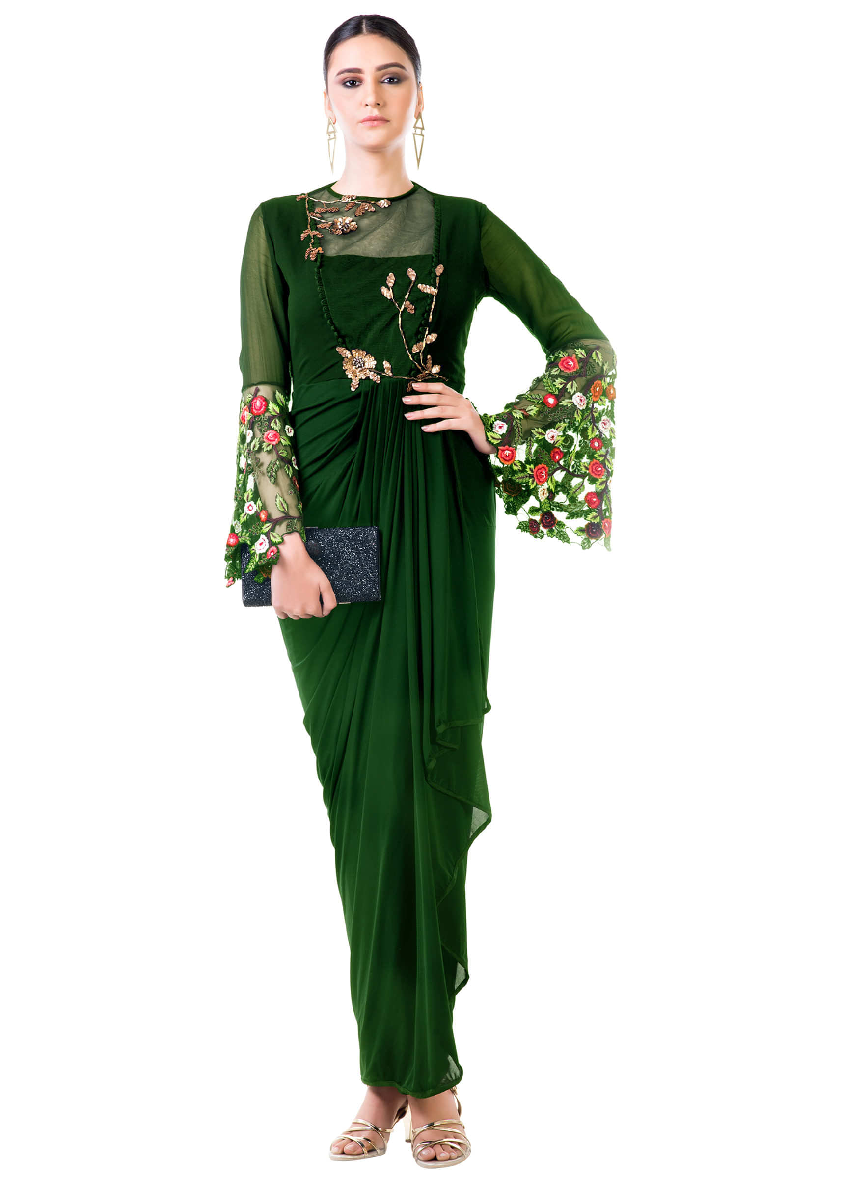 Green Draped Dress With Embroidered Bell Sleeves Online - Kalki Fashion
