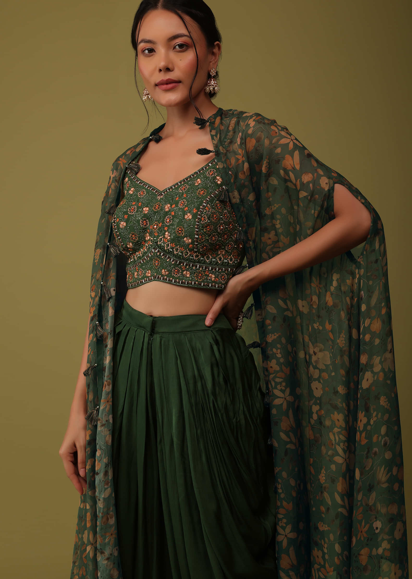 Buy Green Floral Embroidered Crop Top And Jacket Set In Satin With Dhoti