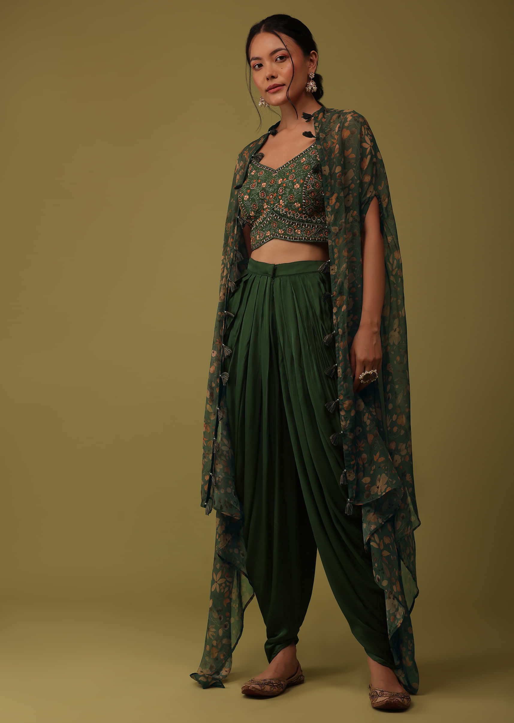Brown Printed A-Line Top with Dhoti Pant