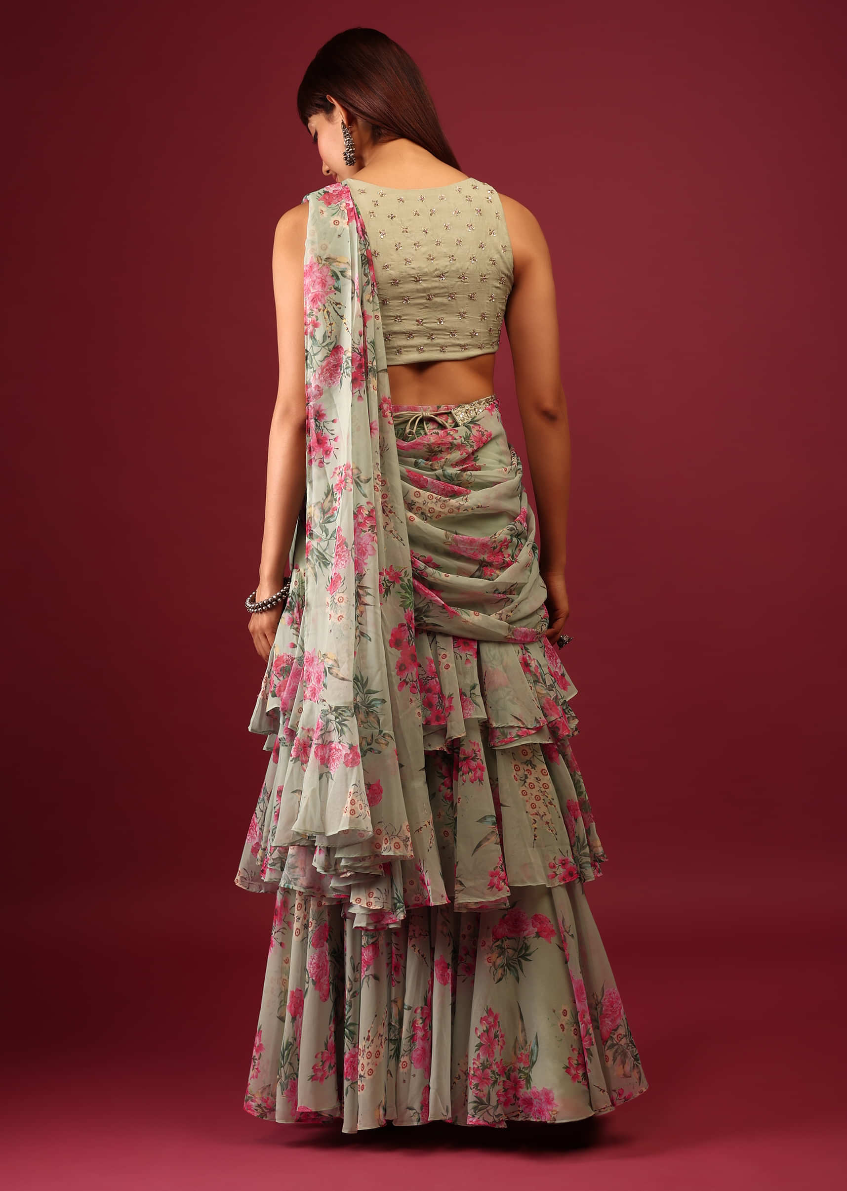 Mint Green Floral Print Pleated Lehenga Saree In Layered Frill Pattern With An Embellished Blouse