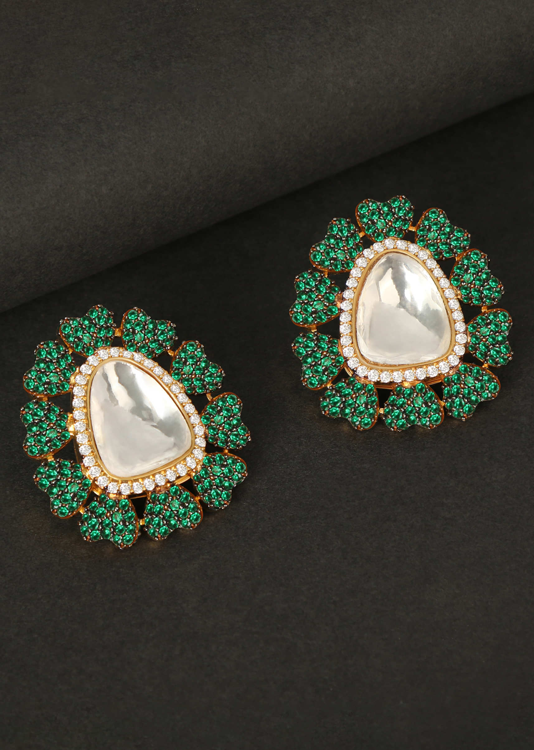 Green Heart Diamond And Kundan Stud Earrings